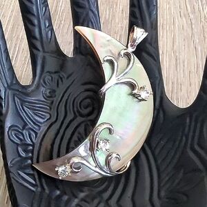 Abalone And Rhinestone Silver Crescent Moon Pendant